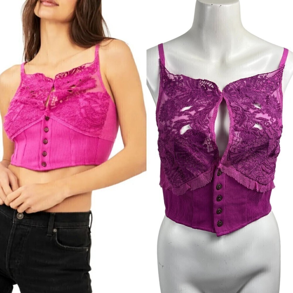 Free People My Heart Size L Raspberry Sherbert Corset Crop NEW Lace Cotton Tank
